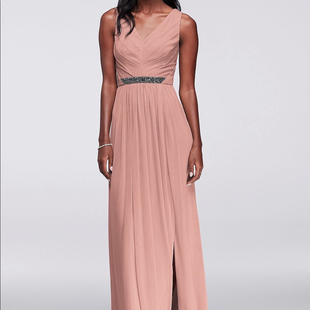Long Mesh Dress with V-Neck and Beaded Waistband